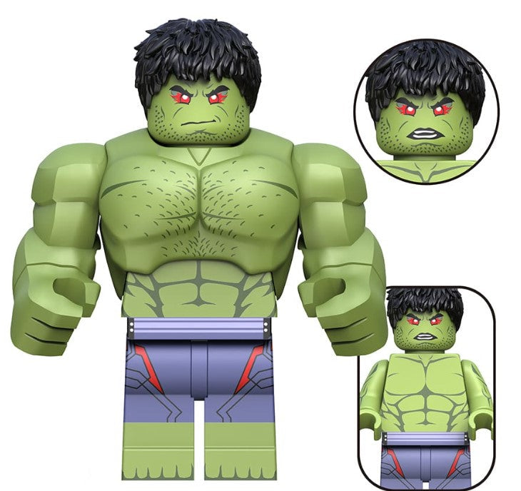 Custom green superhero minifigure with muscular design and torn purple pants, LEGO-compatible