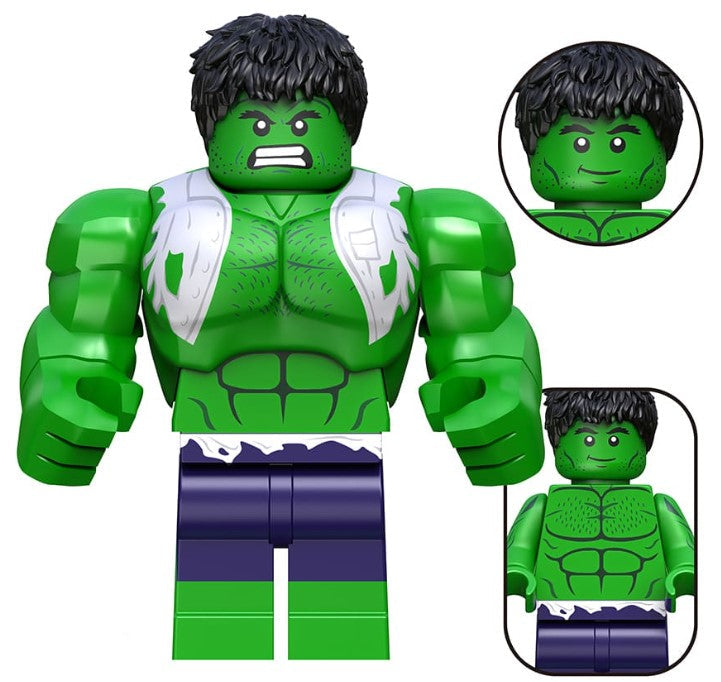 Custom green superhero minifigure with muscular design and torn purple pants, LEGO-compatible