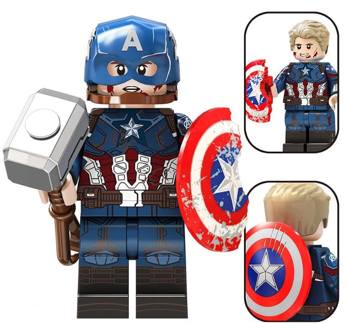 Custom patriot hero minifigure with red, white, and blue armor and shield, LEGO-compatible