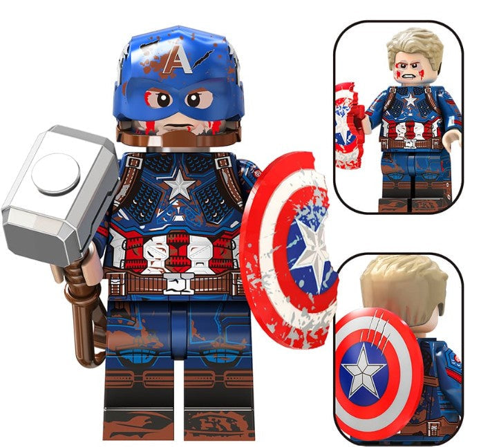 Custom patriot hero minifigure with red, white, and blue armor and shield, LEGO-compatible