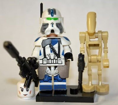 "501st Clone Commander Custom LEGO Minifigure with blue and white Phase II armor, pauldron, and blasters"
