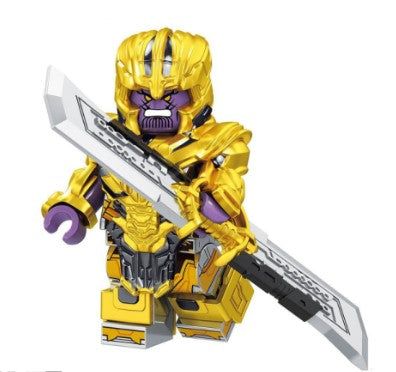 Thanos LEGO minifigure  
cosmic villain custom figure  
fan made infinity gauntlet toy  
gold armor titan minifig  
custom space warlord LEGO  
purple armored villain figure  
LEGO compatible supervillain  
