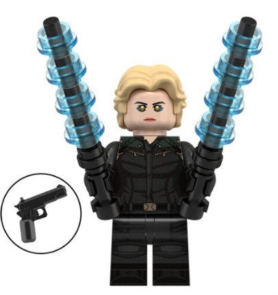 Custom female spy minifigure with blonde hair and tactical outfit, compatible with LEGO sets
