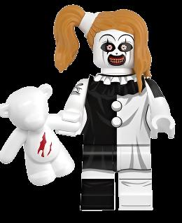 Custom Lego minifigure of Art the Clown from Terrifier,” “horror movie Lego figure,” etc.