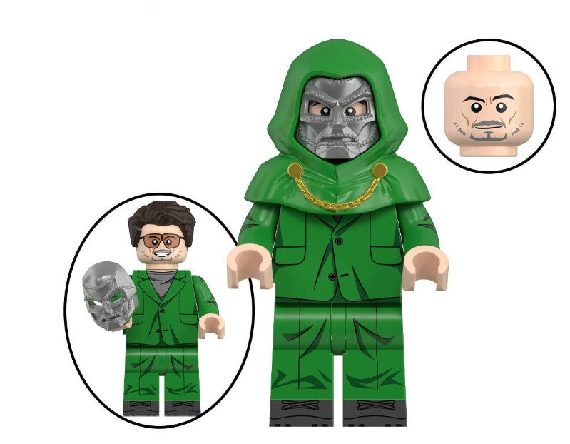 Doctor Doom LEGO minifigure, armored villain custom LEGO, green cloak monarch figure, fan-made Fantastic Four enemy, Marvel villain inspired toy, metal mask brick figure, LEGO compatible villain
