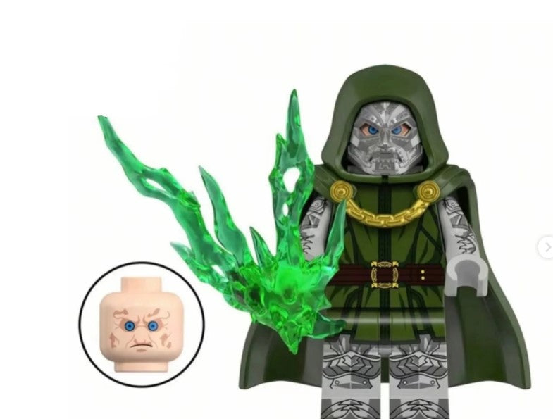 Doctor Doom LEGO minifigure, armored villain custom LEGO, green cloak monarch figure, fan-made Fantastic Four enemy, Marvel villain inspired toy, metal mask brick figure, LEGO compatible villain
