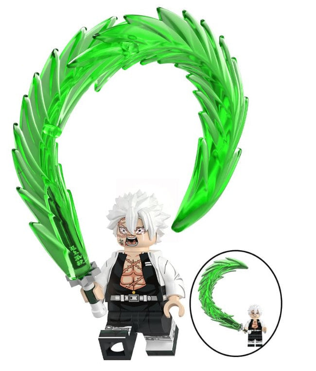“Custom wind pillar swordsman minifigure with scarred face and katana accessory, LEGO-compatible”
