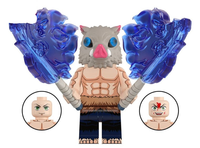 “Custom boar mask swordsman minifigure with muscular torso and twin blades, LEGO-compatible”