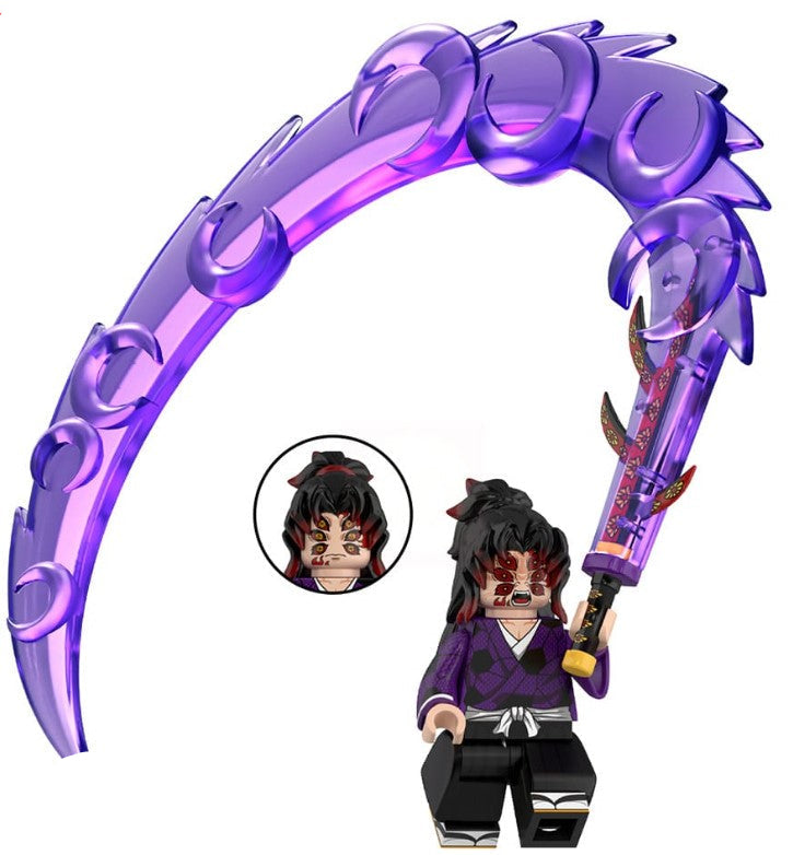 Custom moon blade demon minifigure with six-eyed face, dark kimono, and crescent katana accessory, LEGO-compatible