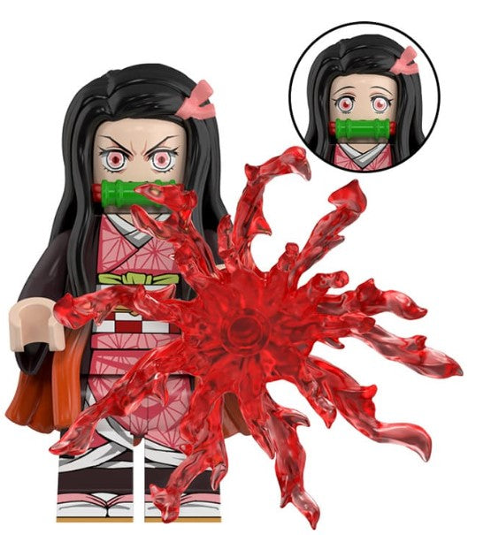 Custom demon sister minifigure with pink kimono, bamboo muzzle, and long hair, LEGO-compatible