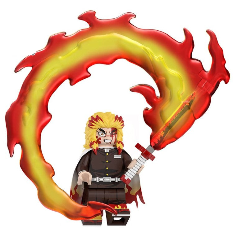 Custom flame pillar swordsman minifigure with fiery haori and katana accessory, LEGO-compatible