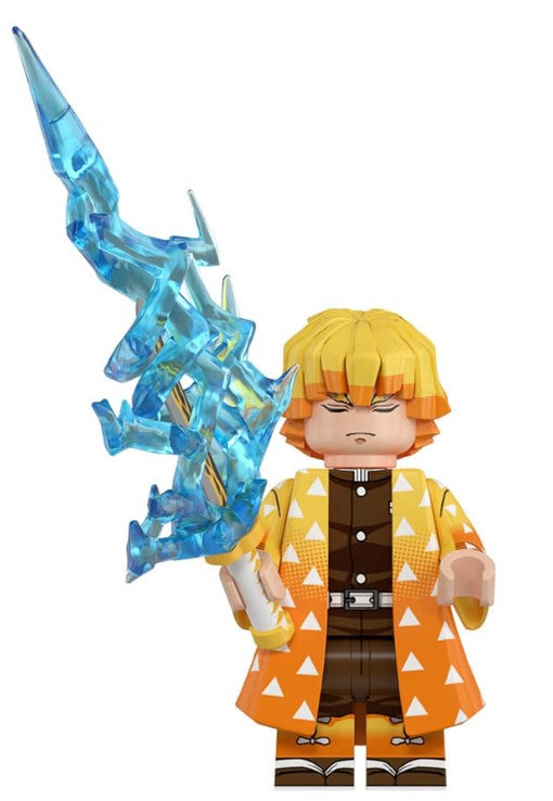 Custom thunder pillar swordsman minifigure with yellow haori and katana accessory, LEGO-compatible