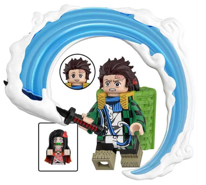 Custom water pillar swordsman minifigure with checkered cloak and katana accessory, LEGO-compatible