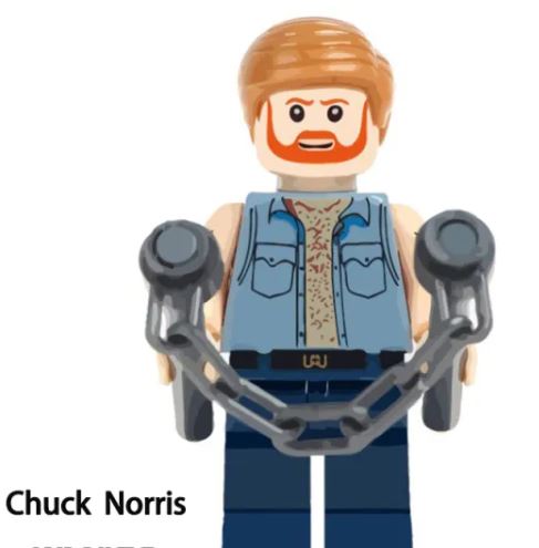 Custom LEGO Chuck Norris minifigure featuring his iconic denim outfit, signature facial hair, and a martial arts pose, capturing the legendary action star's tough persona with a miniature karate belt accessory.