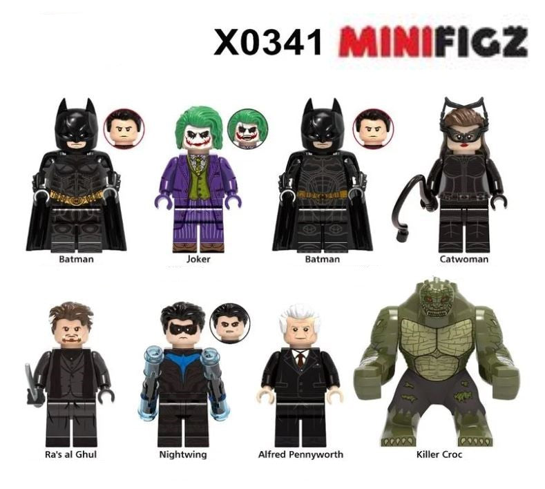 Custom LEGO Batman and DC characters minifigures featuring dynamic poses, vibrant colors, and detailed costumes, blending iconic designs with anime-inspired aesthetics, showcasing unique accessories and expressions that capture the essence of each character's personality and heroic nature."