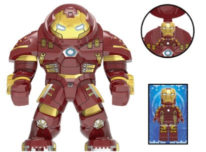 Hulkbuster LEGO minifigure  
crimson mech custom figure  
red armored mech suit minifig  
fan made iron hero toy  
brick-built heavy armor hero  
LEGO compatible mech minifigure  
power suit custom LEGO  
buster armor brick toy  
