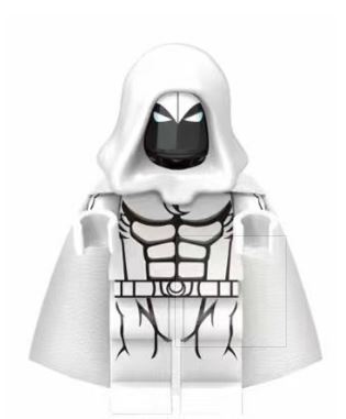 “Custom white cloaked vigilante minifigure with hood and crescent blade accessory, LEGO-compatible”