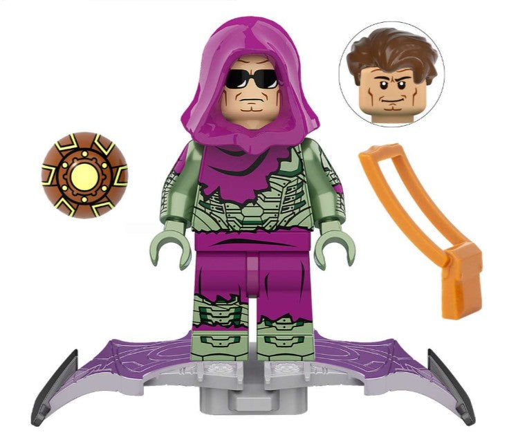 Custom goblin raider minifigure with green armor, purple suit, and pumpkin bomb accessory, LEGO-compatible