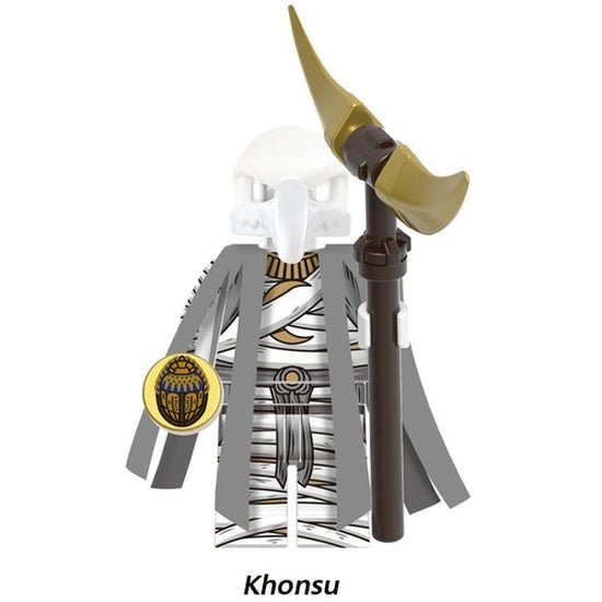 "Khonshu custom LEGO minifigure with bird skull head, white robes, and crescent staff"