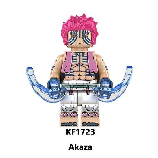 Custom LEGO Agatsuma minifigure from Demon Slayer, featuring vibrant hair, a bloody chainsaw accessory, and detailed attire, blending elements from Attack on Titan and Amazing Digital Circus, capturing the essence of an anime-inspired warrior.