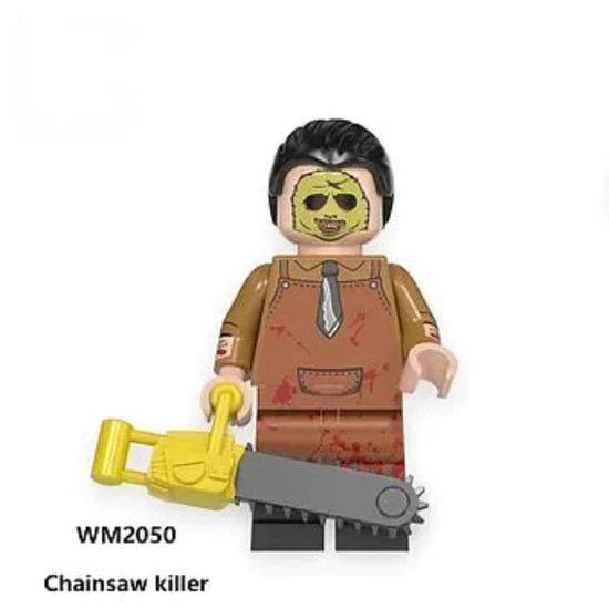 Custom LEGOTexas chainsaw massacre minifigure featuring his signature striped suit, wild green hair, and playful expression, blending horror and humor with anime-inspired design elements, showcasing detailed accessories that capture the essence of the mischievous character from the classic film.