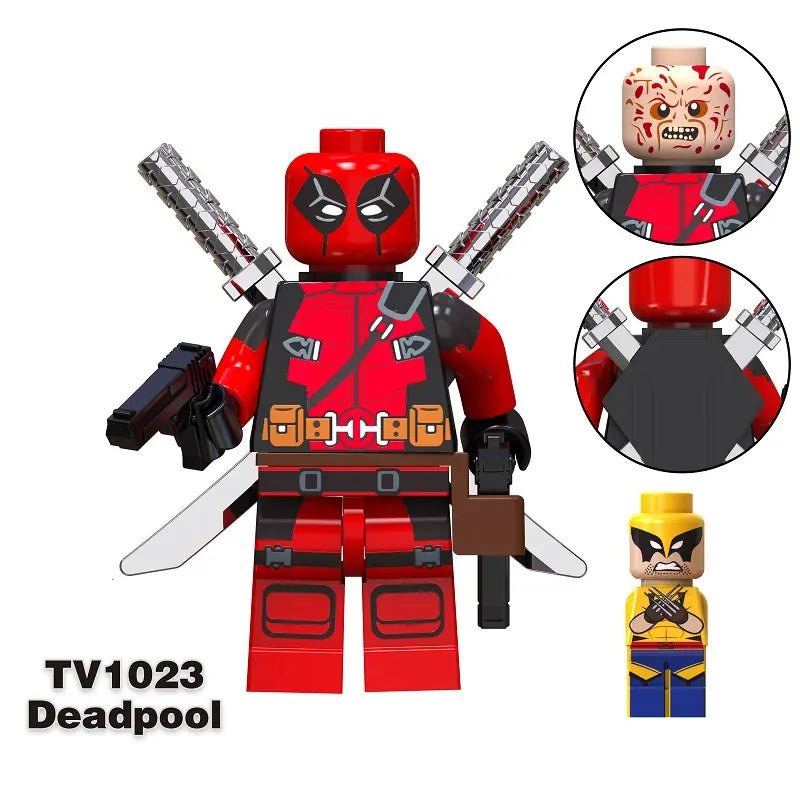 Custom LEGO Deadpool and Marvel characters minifigures featuring vibrant designs, dynamic poses, and detailed accessories, merging iconic comic styles with anime influences, showcasing each character's unique personality and signature weapons in a playful, action-packed setting.