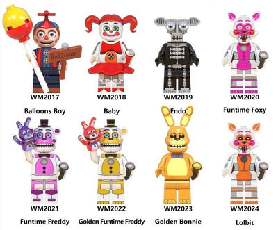 Custom LEGO Five Nights at Freddy's minifigure featuring the iconic animatronic character with vibrant colors, exaggerated features, and a playful yet eerie design, blending horror elements with anime-inspired aesthetics, showcasing detailed accessories that enhance its spooky charm.