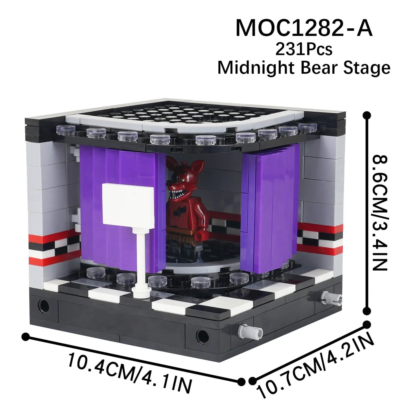 Custom LEGO Five Nights at Freddy's minifigure featuring the iconic animatronic character with vibrant colors, exaggerated features, and a playful yet eerie design, blending horror elements with anime-inspired aesthetics, showcasing detailed accessories that enhance its spooky charm.
