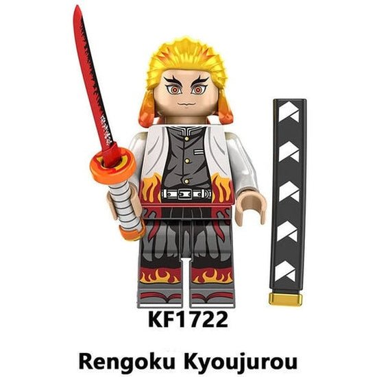 Custom LEGO Agatsuma minifigure from Demon Slayer, featuring vibrant hair, a bloody chainsaw accessory, and detailed attire, blending elements from Attack on Titan and Amazing Digital Circus, capturing the essence of an anime-inspired warrior.